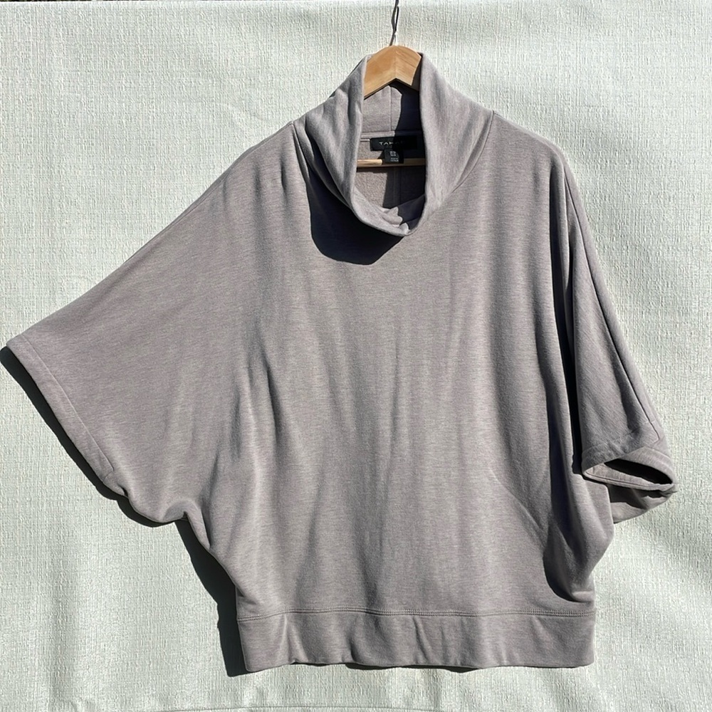 Tahari Womens Sweater Taupe Cowl Neck Fleece Stretch Batwing Soft Size Medium